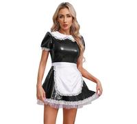 iiniim Women's Halter Neck French Maid Dress Wet Look Leather Babydoll Adult Role Play Outfits 6# Black C 5XL
