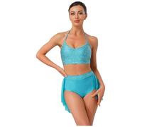 iiniim Womens Latin Lyrical Dance Outfit V Neck Backless Camisole Top High Waist Leotard Skirt 2-Piece Set Sky Blue M