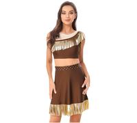 iiniim Womens Native American Costume Maiden Princess Role Play Outfits Fringed Crop Top with Skirt Umber XXL