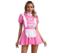 iiniim Women's PVC Leather Wet Look French Maid Costume Cosplay Fancy Dress with Apron 4# Pink C M