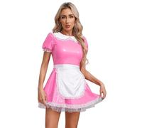 iiniim Women's PVC Leather Wet Look French Maid Costume Cosplay Fancy Dress with Apron 6# Pink E M