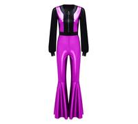 iiniim Women's Retro 70s Disco Outfits One Piece Shiny Metallic Long Mesh Sleeve Flared Jumpsuit Purple M
