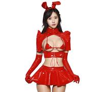 iiniim Womens Sexy Cute Bunny Faux Leather Rabbit Bodysuit Shiny Crop Tops Mini Skirt Bandage Outfit Red L