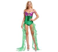 iiniim Women's Sexy Mermaid Costume Sequin Trim Metallic Cami Bodysuit with Long Ruffled Ribbons Green S