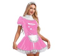 iiniim Women's Shiny Metallic French Maid Cosplay Costume Adult Sexy Lace Trimming Dress 3# Pink A 5XL