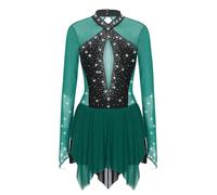 iiniim Women's Shiny Rhinestone Figure Ice Skating Dress Long Sleeve Irregular Hem Ballet Skirted Leotard Dark Green XS