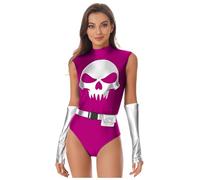 iiniim Womens Skull Halloween Costume Scary Skeleton Shiny Metallic Bodysuit with Oversleeve Hot Pink 3XL