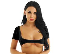 iiniim Womens Soft Sheer Mesh See Through Open Bust Cupless Hollow Out Belly Dance Crop Tops Black One Size