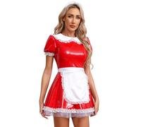 iiniim Women's Wet Look Leather 3Pcs Maid Sexy Cosplay Costumes Uniform Clubwear 4# Red C 4XL