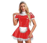 iiniim Women's Wet Look PVC Leather French Maid Costume Ruffles Mini Tutu Dress Cosplay Clubwear Red 5XL