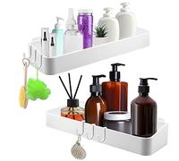 IIRC Shower Shelf No Drilling 2 Pieces Bath Accessories Bathroom Shelf Maximum Load Capacity 7 kg Shower Shelf with 6 Removable Hooks Bathroom Shelves Sink Wall Shelf (White)