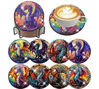 IJBNHD 8 PCS Dragon Diamond Art Coasters with Holder, 5D Diamond Coasters Crafts Supplies (Multicolor, Round, Plastic, Cork Wooden Pad)
