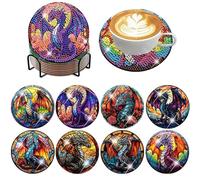 IJBNHD 8 PCS Dragon Diamond Art Coasters with Holder, 5D Diamond Coasters Crafts Supplies (Multicolor, Round, Plastic, Cork Wooden Pad)