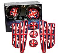 iJDMTOY Union Jack Style Silicone Interior Cabin Mats For MINI Cooper R55 R56 R57 R58 R59, 7-Piece Red/Blue Cupholder Coasters, Side Door Compartment Liners