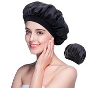 iJiGui Hair Bonnet for Sleeping, Night Sleep Caps with Wide Elastic Band, Hair Care Elastic Hat Hair Bonnet for Curly Hair, Silk Bonnet for Women Girls Makeup Hair Protection(Black)