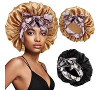 IJRPLM 2Pcs Silk Bonnet for Sleeping,Large Satin Bonnet with Tie Band,Night Sleep Cap for Women,Satin Bonnet for Curly Hair(Champagne gold + Black)