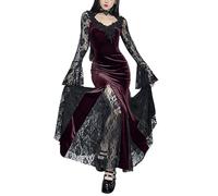 IKADEX Women Gothic Dress Vintage Lace Velvet Punk Goth Dresses Casual Cosplay Party Dresses Dark Red M