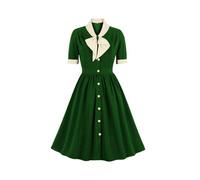 IKADEX Women's Vintage 1940s Style Dress with Bow at the Neckline, Retro Style, 40s/50s Style, Button Closure, Business, Work, A-line, Cocktail Dress, Green, L