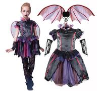 IKALI Bat Costume Kids, Halloween Girls Vampire Costume Gothic Evil Countess Dress Deluxe Outfits with Bat Wing 10-12Y
