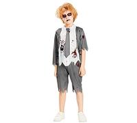 IKALI Boys Zombie School Costume, 2 Pcs Bloody Student Top Shorts Suit for Kids Halloween Outfit Fancy Dress Up 8-10Y
