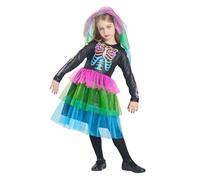 IKALI Color Bone Costume for Girls Skeleton Dress Halloween Skull Fancy Dress Neon Funky Outfit 2-pieces Set 8-10Y