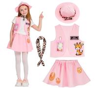 IKALI Girls Explorer Costume, Safari 4 Pcs Vest Skirt Scarf Hat Jungle Kit for Kids Zoo Keeper Outfit Adventure 3-10 Years