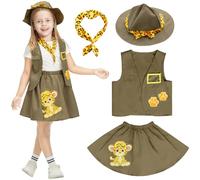 IKALI Girls Explorer Costume, Safari 4 Pcs Vest Skirt Scarf Hat Jungle Kit for Kids Zoo Keeper Outfit Adventure 8-10 Years