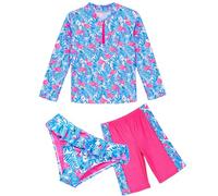 IKALI Girls Flamingo Swimming Costume 3 Piece Kids Long Sleeves Tankini Swimsuits Summer Pool Party Swimwear 4T/104 Blue, Pink