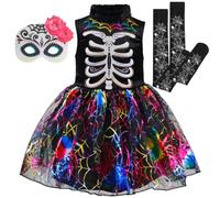 IKALI Girls Spider Skeleton Costume, 3 Pcs Colourful Spiderweb Tutu Fancy Dress Bone Outfit for Kids Halloween 7-8 Years
