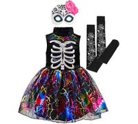 IKALI Girls Spider Skeleton Costume, 3 Pcs Colourful Spiderweb Tutu Fancy Dress Bone Outfit for Kids Halloween 10-12 Years