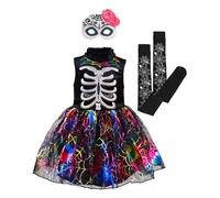 IKALI Girls Spider Skeleton Costume Deluxe Halloween Rainbow Bone Fancy Dress Magic Witch Outfit with Accessories 3-pieces Set 7-8Y