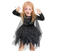 IKALI Girls Spider Witch Costume, 2 Pcs Tutu Dress with Cape Evil Magic Outfit for Kids Halloween Fancy Dress Up 10-12Y