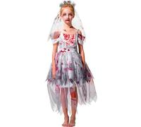 IKALI Girls Zombie Bride Costume, 2 Pcs Bloody Dress Oufit for Kids Halloween Corpse Fancy Dress Up Clothes 8-10 Years