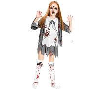 IKALI Girls Zombie School Costume, 3 Pcs Bloody Student Top Skirt Stockings Suit for Kids Halloween Outfit Fancy Dress Up 7-8Y
