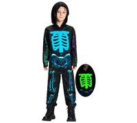 IKALI Glow in the Dark Skeleton Costume for Kids Halloween Bone 3D Print Hooded Outfit Boys Girls Skull Role-play Jumpsuit 8-10Y