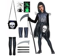 IKALI Grim Reaper Costume for Girls Halloween Death Fancy Dress Outfit Skeleton Costume with Stickers, Bags, Socks, Arm Cover, Sickles 8-10 Years