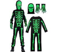 IKALI Kids Glow in the Dark Skeleton Costume, 3 Pcs Skull Jumpsuit Mask Halloween Green Bone Fancy Dress Outfit 10-12Y
