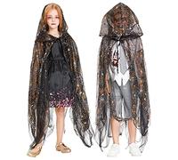 IKALI Kids Halloween Cape Costume, Magic Witch Hooded Cloak, Spider Web Black Lace Costume, Party Dress Up Outfit for Boys Girls 110-170(One Size)
