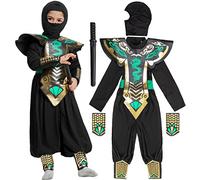 IKALI Ninja Halloween Costume Boys Ninja Power Outfit Green Jumpsuit with Deluxe Accessories Set, Foam Vest, Hat, Wrist, Samurai Sword 5Pcs 3-10Y