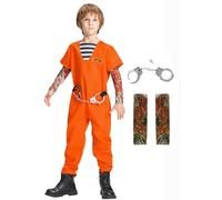 IKALI Orange Prisoner Costume Kids Convict Robber Fancy Dress Outfit for Halloween Party Cosplay 8-10Y