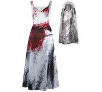 IKALI Women Zombie Bride Costume, 2 Pcs Bloody Headband Veil Dress Suit for Lady Ladies Halloween Bridal Fancy Dress Up M