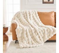 IKALIFE Faux Rabbit Fur Blanket - Warm Thick Fluffy Large Throw, Super Soft Cozy Plush Bubble Blanket For Sofa Bed Couch, Luxury Fuzzy Cosy Throws (150x200cm, Cream)