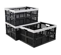 Ikando 3 Packs 30 L Black Foldable Crate, Plastic Collapsible Storage Box, Stack Folding Crates Basket