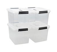 Ikando 4 Packs 13 Litre Plastic Storage Box with Lid and Handle, Medium Stacking Storage Container Bin, Clear