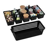 Ikando 6 pack Narrow Storage Box, Plastic Storage Baskets for Shelves, Slim Kitchen Cupboard Organiser Storage Boxes for Bathroom Cabinet, Drawers, Desktop Organisation, 12.8 cm Wide Rectangle, Black