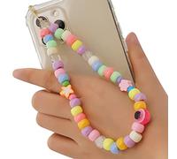 ikasus Kawaii Smiley Face Star Beaded Phone Lanyard - Rainbow Acrylic Polymer Clay Pearl Chain Charm Keychain Wrist Strap for Women Girls