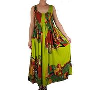 Ikat Ladies Long Summer Flowing Dress with Smocked Top - Fits Sizes 8-28 (Kiwi Flowers, One Size)