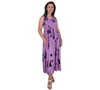 Ikat Ladies Long Summer Flowing Dress with Smocked Top - Fits Sizes 8-28 (Purple Flowers, One Size)