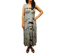 Ikat Ladies Long Summer Flowing Dress with Smocked Top - Fits Sizes 8-28 (White Powder Blue Abstract, One Size)