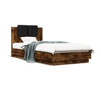IKAYAA Bed Frame with LED Single Bed Frame Upholstered Platform with Headboard Sturdy Wooden Slat Support -smoked oak-90 x 200 cm